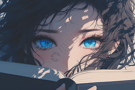 眼含热泪的看书的女孩图片