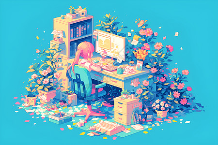 花朵环绕的办公桌图片