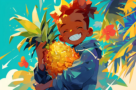 男孩抱着金黄的菠萝图片