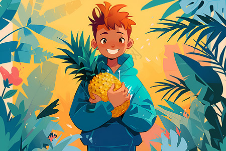 丛林里抱着菠萝的男孩图片