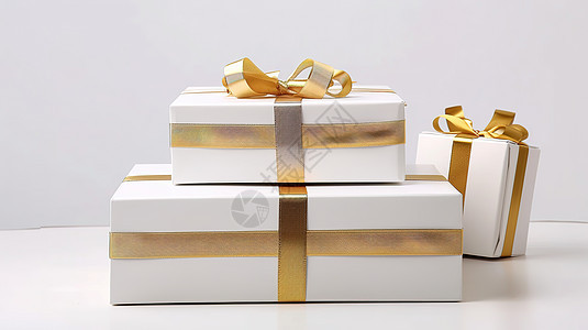 三个白色盒子上装饰着金色丝带图片