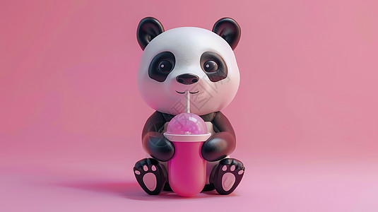 熊猫拿着粉色饮料图片