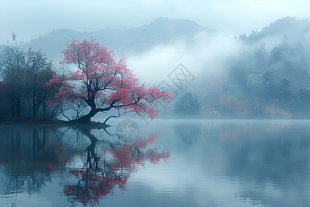 湖边的花树图片