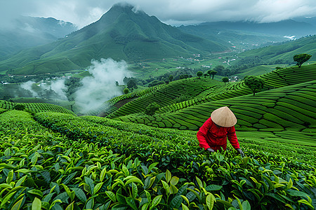 茶园飘渺采茶人努力图片