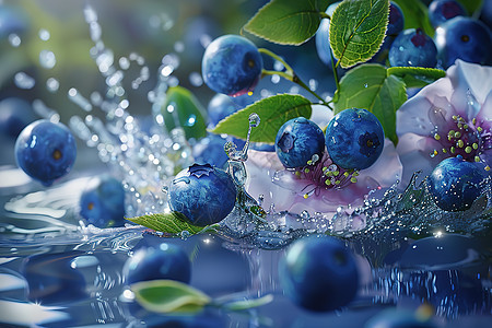 水中漂浮着一捧蓝莓图片