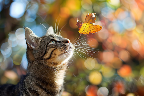 猫仰望着飞舞的叶子图片