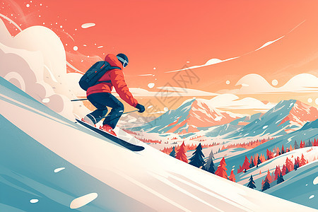一个背着背包的男人在滑雪图片