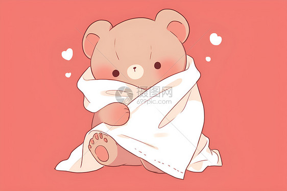 可爱的泰迪熊包裹在白色毛毯中图片