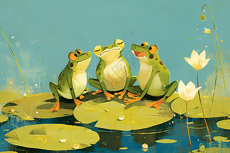 三只蛙在月光下的睡莲池中背景图片