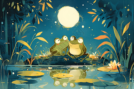 池塘里的两只青蛙图片