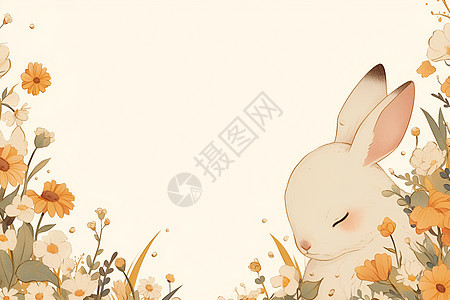 花海中的可爱小白兔图片
