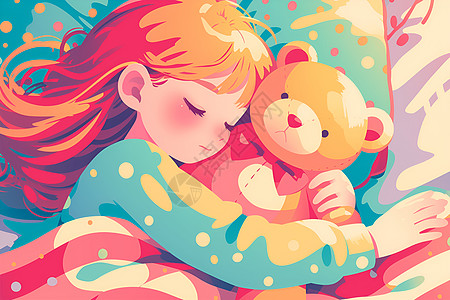 安睡中的小女孩和她的泰迪熊图片