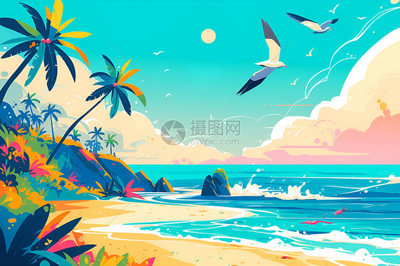 绚丽阳光海滩和棕榈树图片