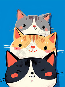 三只卡通猫咪堆叠在一起图片