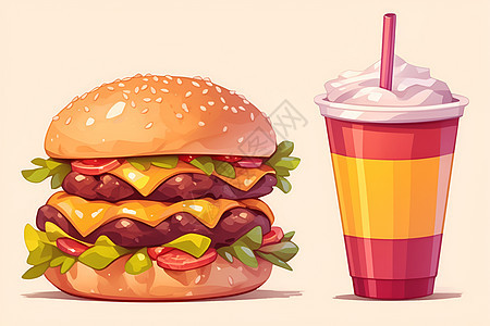 汉堡和饮品的卡通插画图片