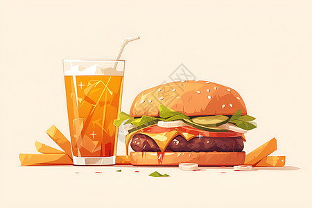 经典美式汉堡与冰冷汽水图片