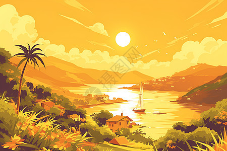 岛上日落插画图片