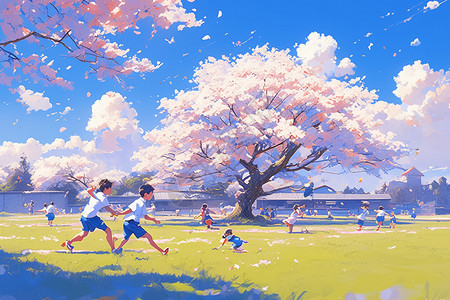 樱花草地的童趣背景图片