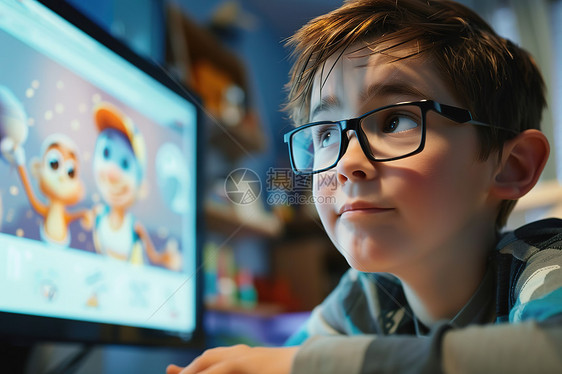 年轻男孩戴着眼镜看着电脑屏幕图片