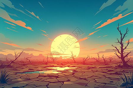 日落下的干裂沙漠插画图片