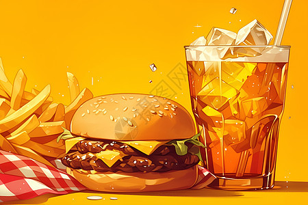 快餐经典汉堡和饮品图片