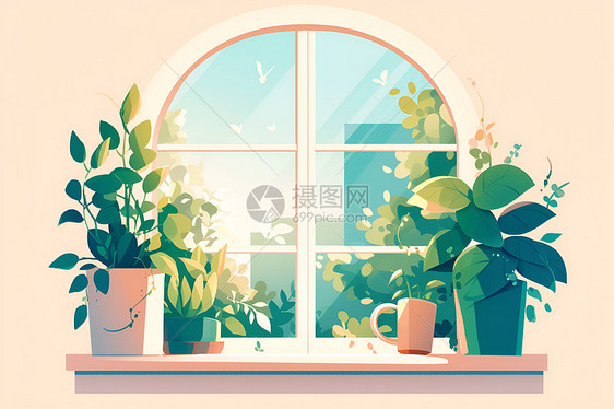 窗户上的绿植图片