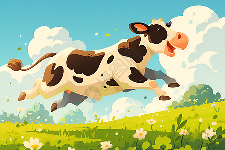 花草丛中欢快奔跑的奶牛图片