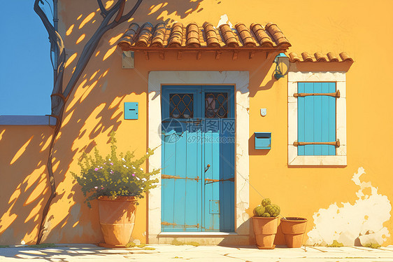 橙墙蓝门的小屋图片