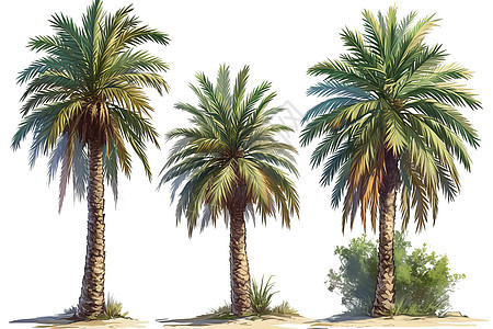在沙滩上的三棵棕榈树图片