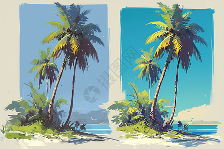 沙滩上的两棵棕榈树图片