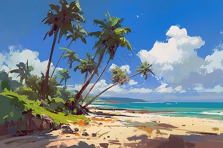 一幅椰树沙滩的画作图片