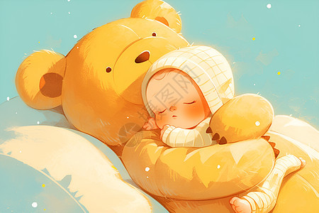 泰迪熊抱着宝宝入睡图片