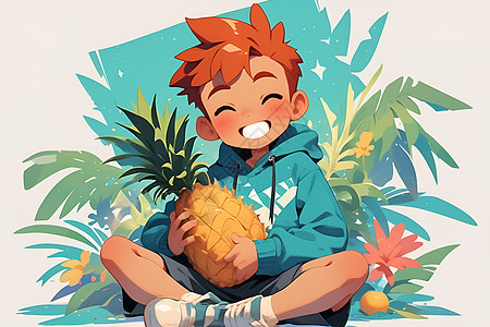 欢乐的男孩拥抱菠萝图片