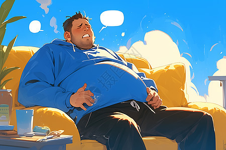 男人摸着肚子坐在沙发上图片