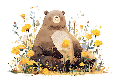 花丛间的棕熊图片