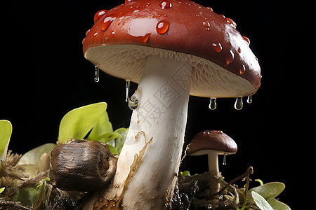 蘑菇上的水滴图片