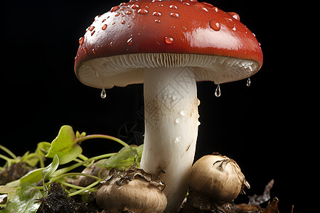 露珠中的美味蘑菇图片
