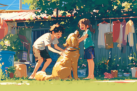 草地上和狗玩耍的孩子图片