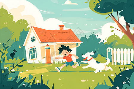 男孩与狗在草坪上畅快奔跑图片