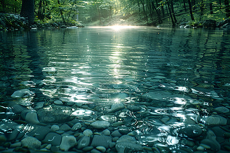 森林小河边的湖水背景图片