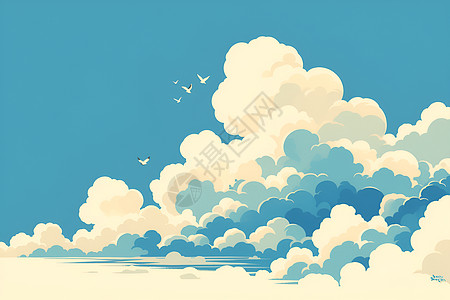 天空中有白云和鸟儿飞翔图片