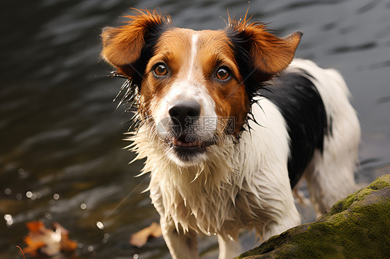 水中岩石上的一只狗狗图片