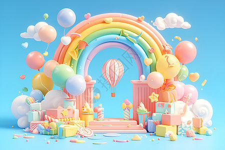 彩虹舞台上的糖果色热气球图片
