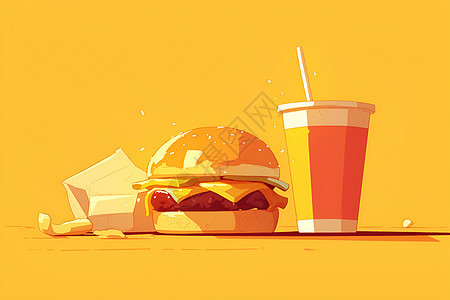 汉堡和饮料在黄色背景中图片