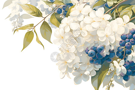 白色绣球花与果实图片