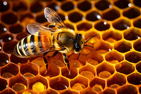 一只蜜蜂在蜂巢上图片