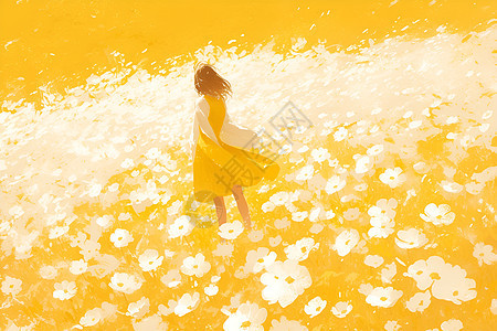 黄裙少女漫步花海图片