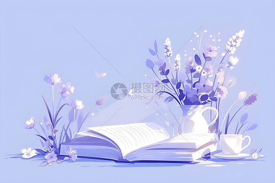 紫色背景中的书本和植物图片