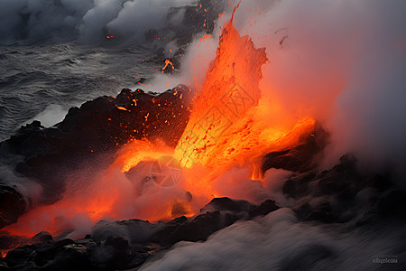 火山海岸上的熔岩流图片