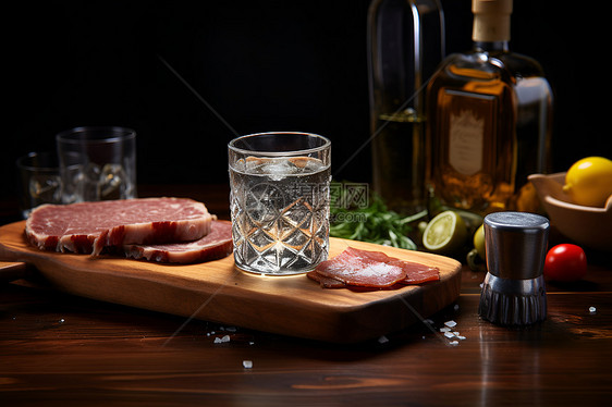 木桌上的杯子和肉片图片